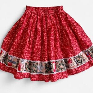 Vintage Red Floral Print Patchwork Western Prairie Square Dance Skirt